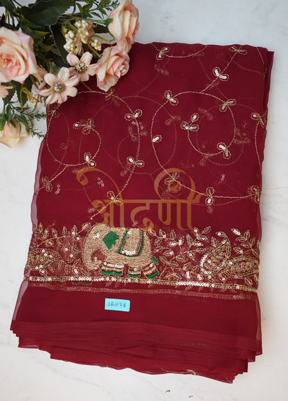 GEORGETTE FABRIC RAJPUTI SAREE WITH Elephant PRINT DESIGN ON BORDER (WITHOUT BLOUSE) ##SR0178