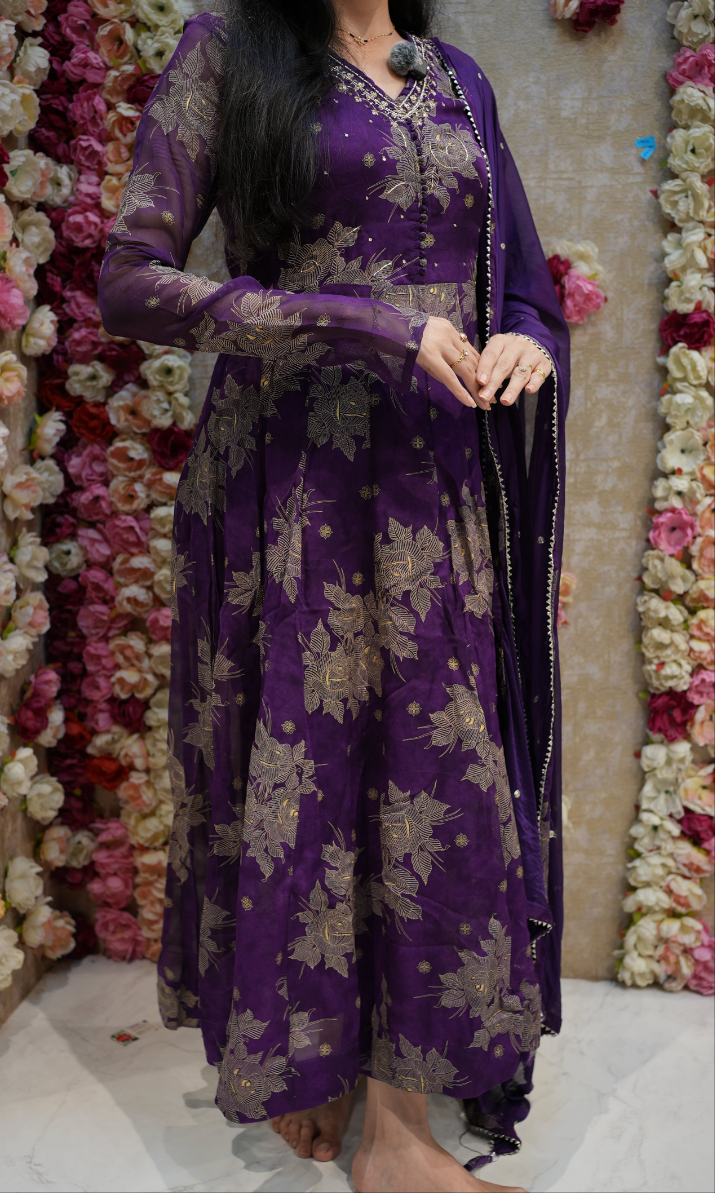 RAKHI SPECIAL ANARKALI DESIGN 3-PIECE SUIT WITH SEQUENCE HAND WORK AND CHIFFON DUPATTA (PURPLE) ##SP081