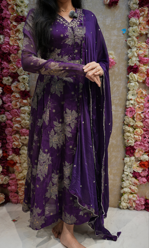 RAKHI SPECIAL ANARKALI DESIGN 3-PIECE SUIT WITH SEQUENCE HAND WORK AND CHIFFON DUPATTA (PURPLE) ##SP081