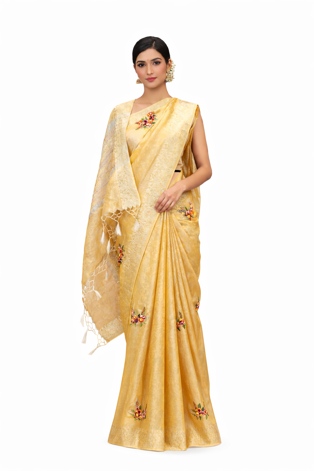 HANDLOOM TISSUE FABRIC SAREE WITH HAND EMBROIDERY BUTA & ZARI WEAVING BORDER (WITH RUNNIG BLOUSE)  ##SR640