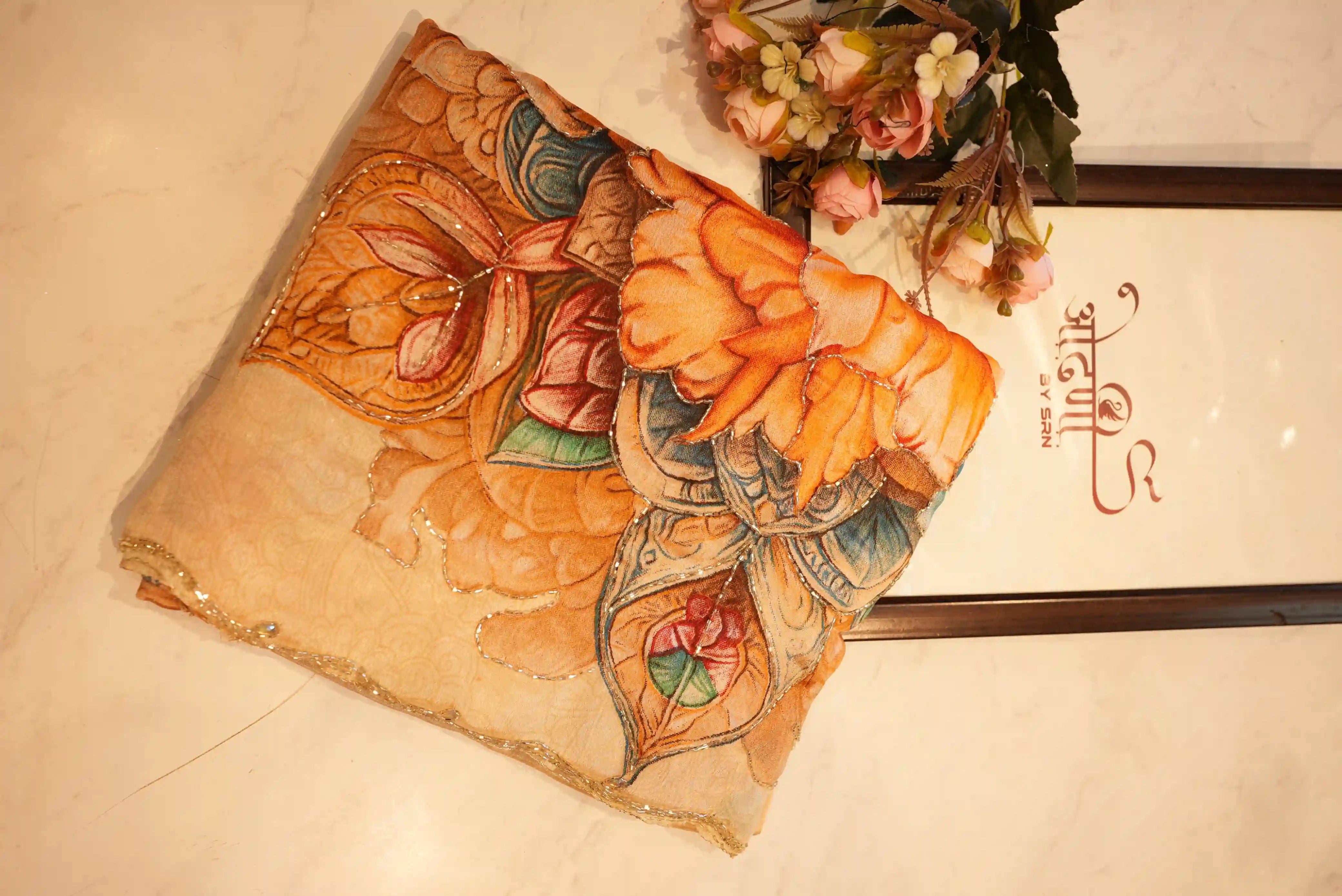 Chinon Fabric Digital Print Saree With Handwork