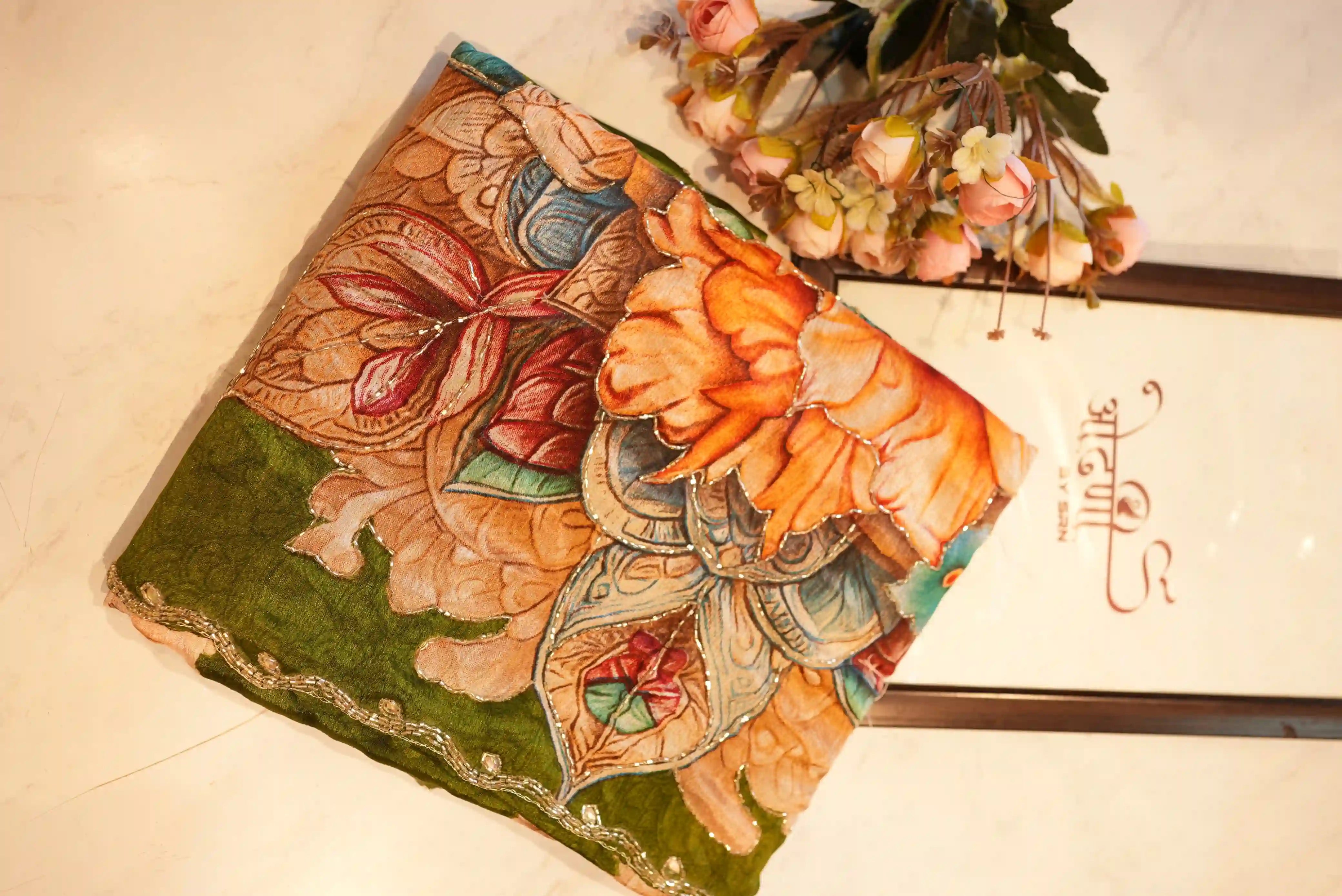 Chinon Fabric Digital Print Saree With Handwork