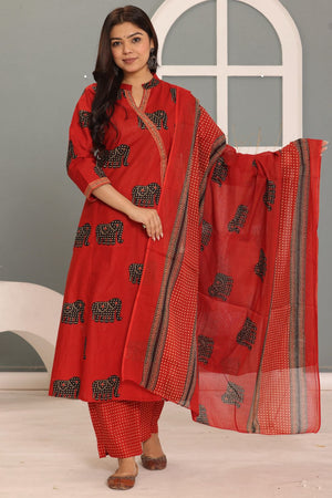 PURE SUPER COTTON 3-PIECE SUIT WITH DUPATTA (RED) RASS ##SP062
