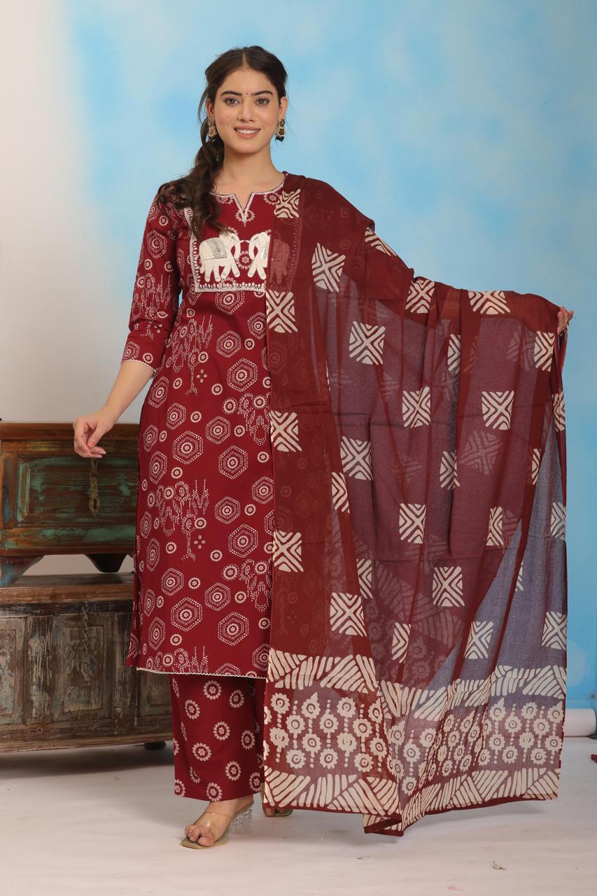 PURE SUPER COTTOTN 3-PIECE SUIT WITH DUPATTA  (MEHROON) RASS ##SP064