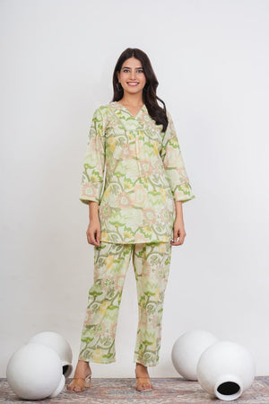 PURE SUPER COTTON COR-ORD SET WITH FLURAL PRINT (PISTA GREEN ) SNV ##SP031