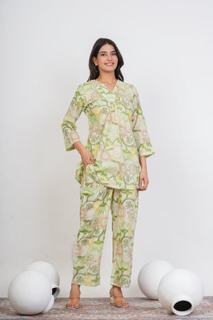 PURE SUPER COTTON COR-ORD SET WITH FLURAL PRINT (PISTA GREEN ) SNV ##SP031