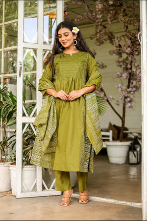 PURE SUPER COTTON 3-PIECE SUIT WITH DUPATTA (GREEN) SNV ##SP033