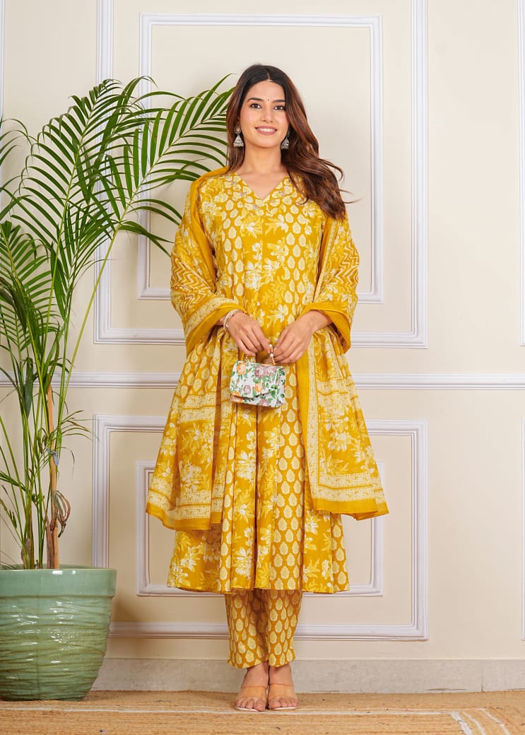 PURE SUPER COTTON 3-PIECE SUIT WITH DUPATTA (MUSTARD) SNV ##SP035