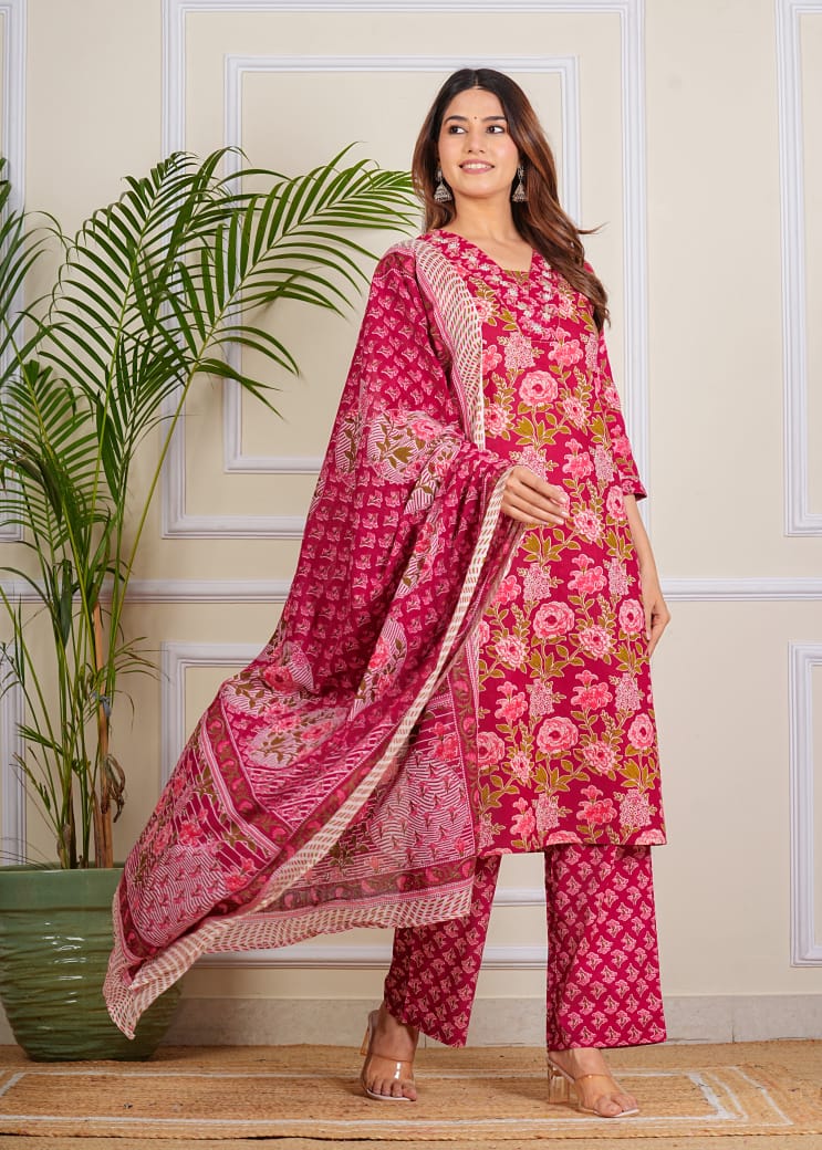 PURE SUPER COTTON 3-PIECE SUIT WITH DUPATTA (RED) SNV ##SP040