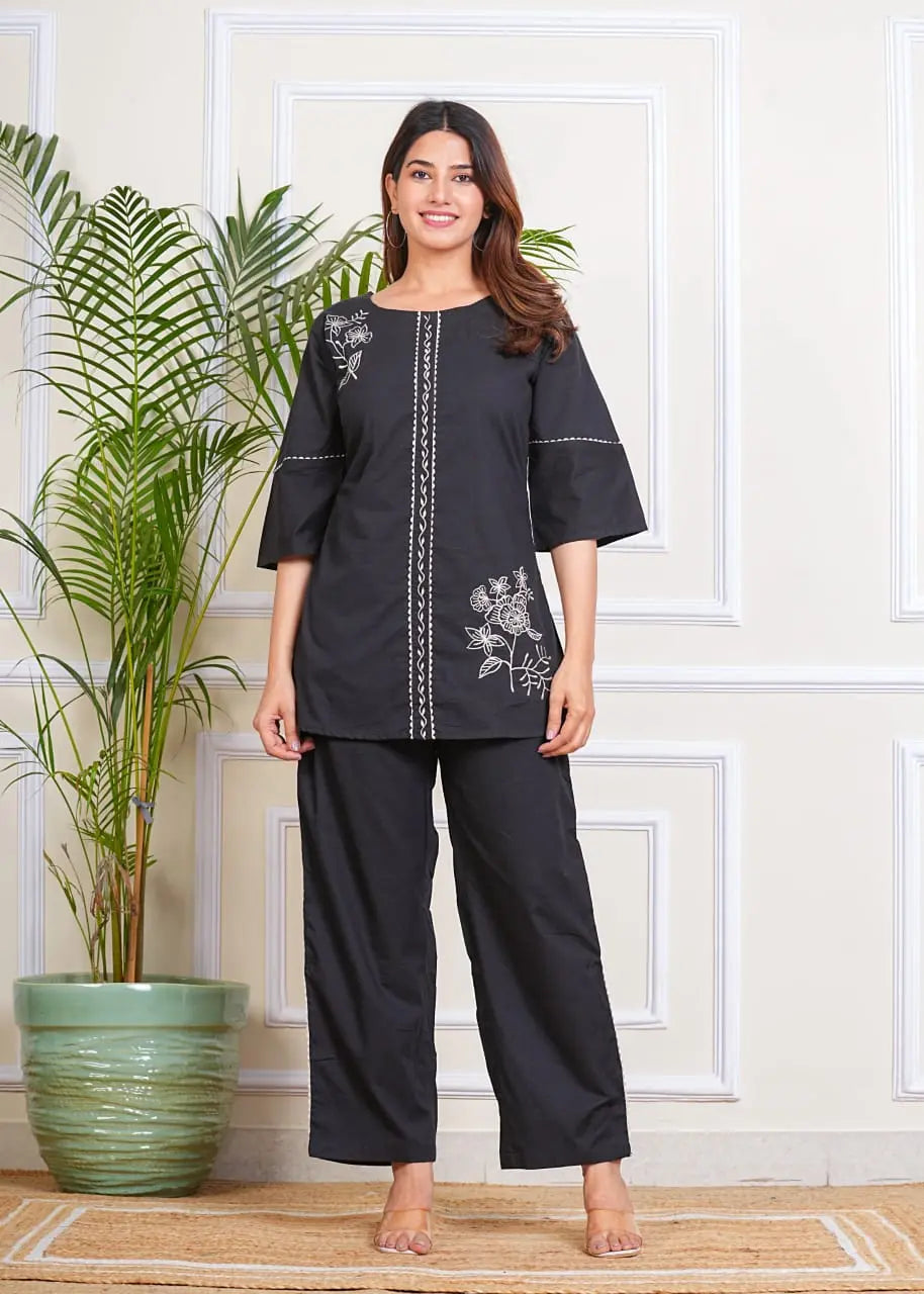 PURE SUPER COTTON CO-ORD SET SUIT WITH FLURAL PRINT (BLACK) SNV