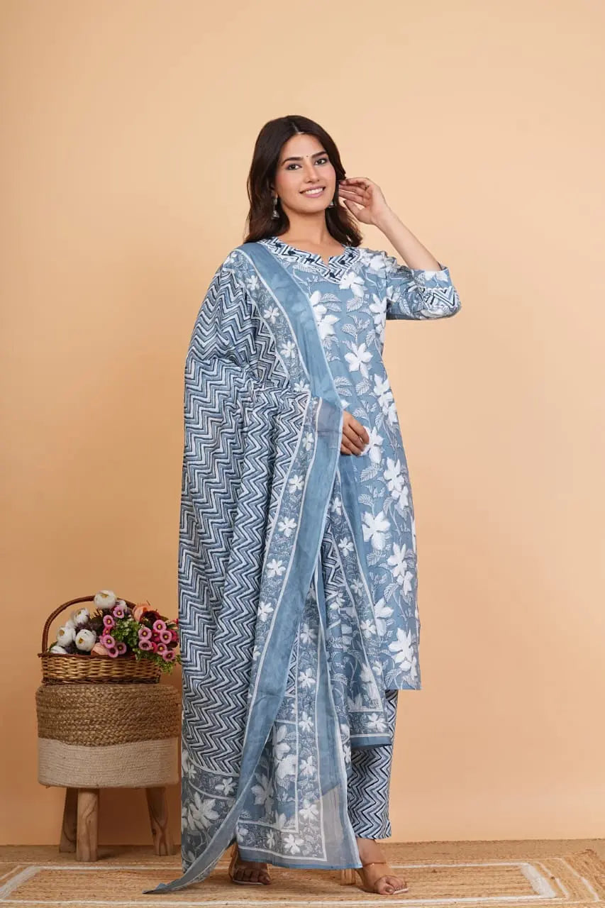 PURE SUPER COTTON 3-PIECE SUIT WITH DUPATTA (GREY) SNV