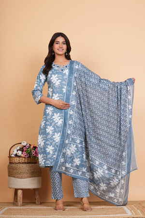 PURE SUPER COTTON 3-PIECE SUIT WITH DUPATTA (GREY) SNV ##SP047