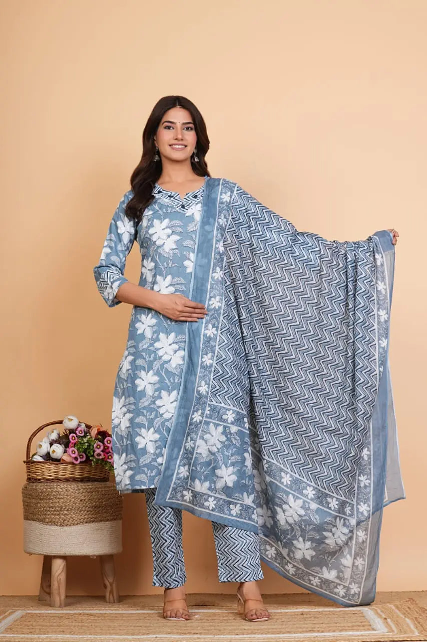 PURE SUPER COTTON 3-PIECE SUIT WITH DUPATTA (GREY) SNV