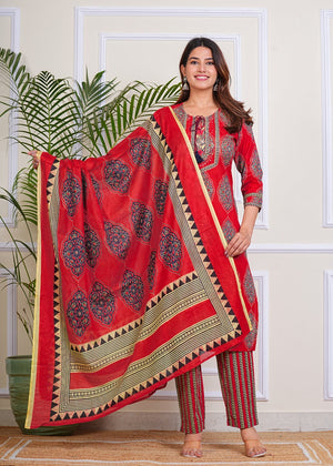 PURE SUPER COTTON 3-PIECE SUIT WITH DUPATTA (RED) SNV ##SP044
