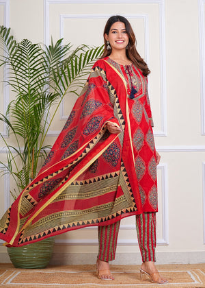 PURE SUPER COTTON 3-PIECE SUIT WITH DUPATTA (RED) SNV ##SP044