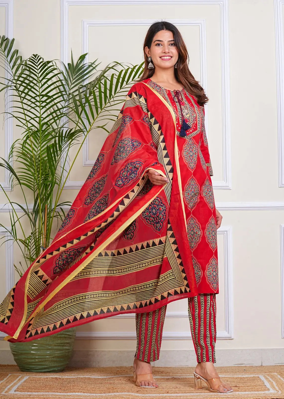 PURE SUPER COTTON 3-PIECE SUIT WITH DUPATTA (RED) SNV