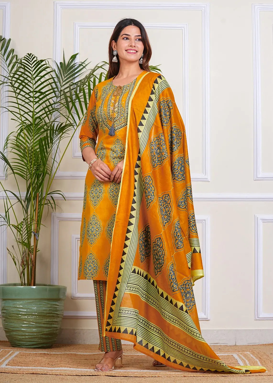 PURE SUPER COTTON 3-PIECE SUIT WITH DUPATTA (MUSTARD) SNV