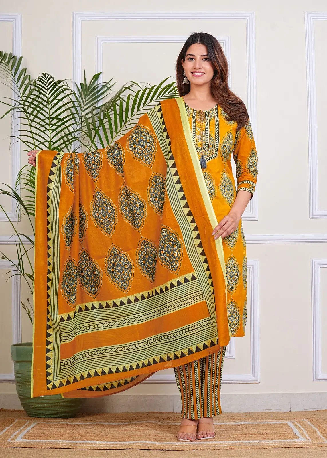 PURE SUPER COTTON 3-PIECE SUIT WITH DUPATTA (MUSTARD) SNV