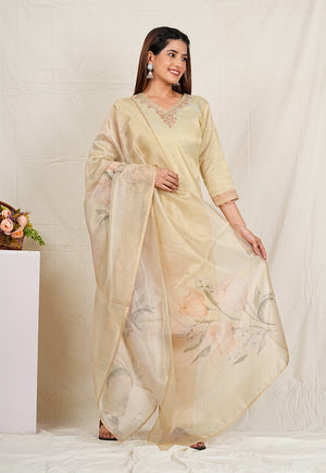 VISCOS TISSUE FABRIC  3-PIECE SUIT WITH DUPATTA (CREAM) SNV ##SP049