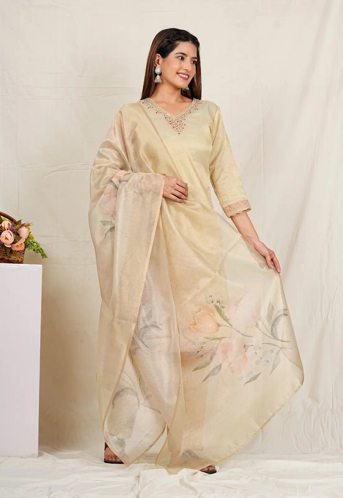 VISCOS TISSUE FABRIC  3-PIECE SUIT WITH DUPATTA (CREAM) SNV