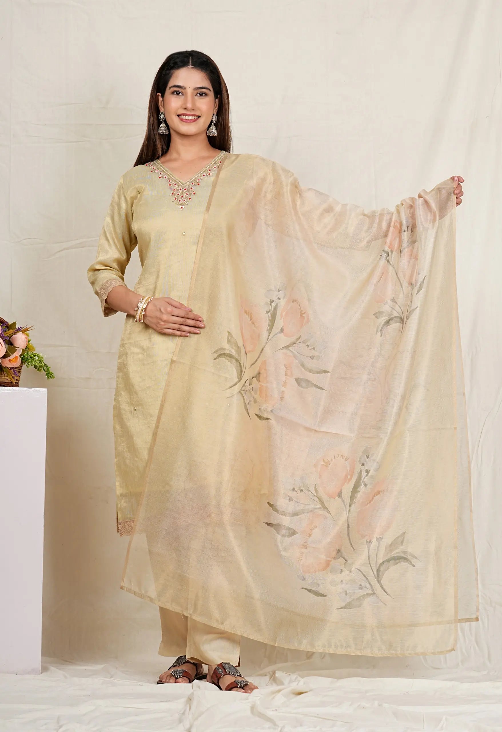 VISCOS TISSUE FABRIC  3-PIECE SUIT WITH DUPATTA (CREAM) SNV