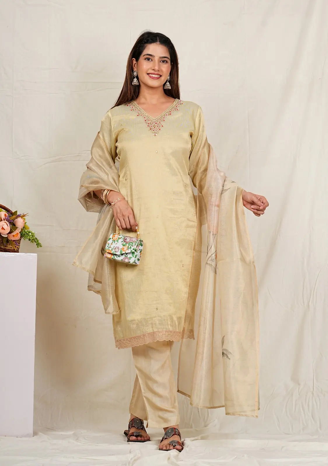Sp049 VISCOS TISSUE FABRIC 3-PIECE SUIT WITH DUPATTA (CREAM) SNV – Odhani By SRN