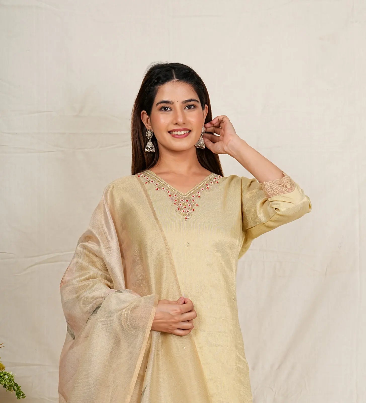VISCOS TISSUE FABRIC  3-PIECE SUIT WITH DUPATTA (CREAM) SNV