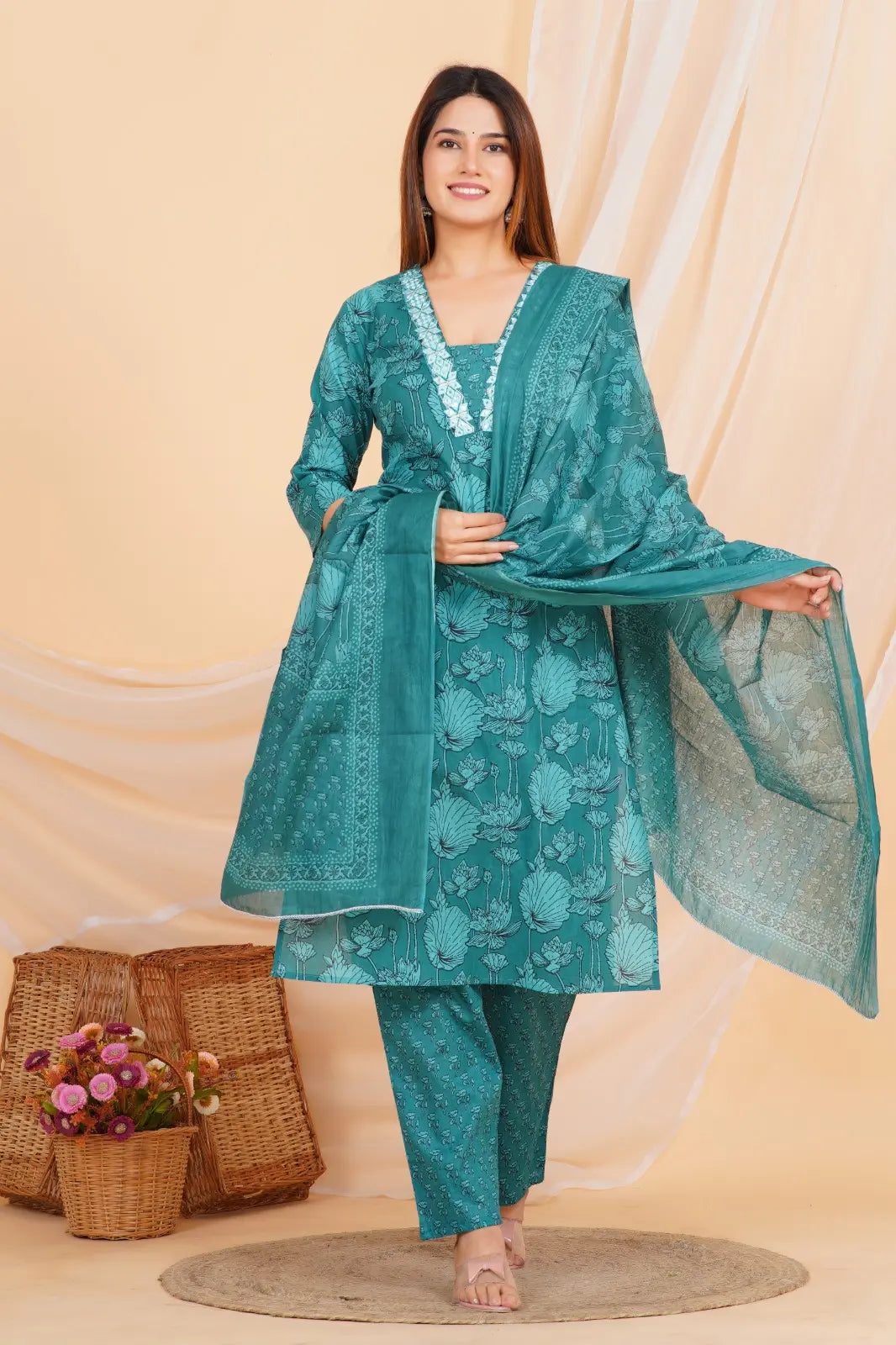 PURE SUPER COTTON 3-PIECE SUIT WITH DUPATTA (PEACOCK BLUE)