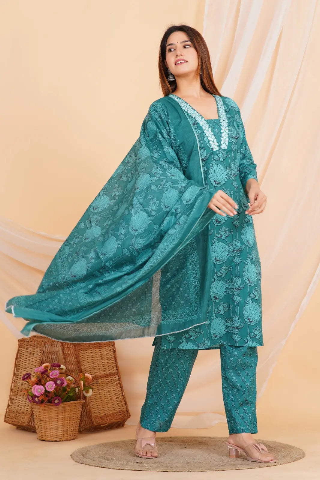 PURE SUPER COTTON 3-PIECE SUIT WITH DUPATTA (PEACOCK BLUE)