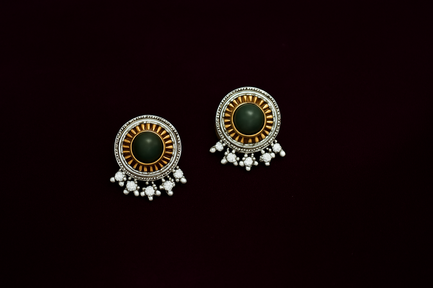 LAALIMA - OXIDISED EARRINGS WITH GREEN CENTER & PEARLY CHARM