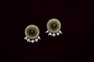 LAALIMA - OXIDISED EARRINGS WITH GREEN CENTER & PEARLY CHARM