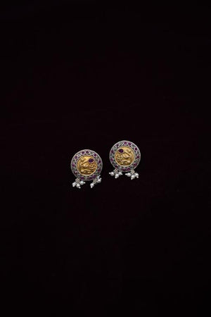 ANTIQUE COIN DESIGN BRASS STUD EARRINGS WITH RANI STONES & PEARL DROPS