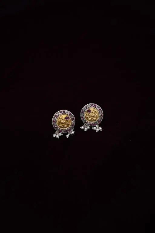 Antique Coin Brass Studs with Pearl Drops