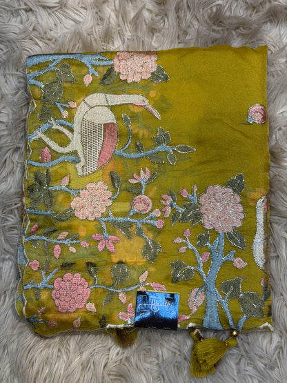 THREAD WORK WITH FIGURE PATTERN SAREE PANEL WORK WITH SAWAN DESIGN WITH HEAVY BORDER (WITH MONO TONE THREAD WORK BLOUSE ) ##SR474