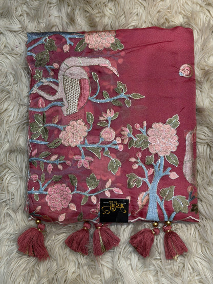 THREAD WORK WITH FIGURE PATTERN SAREE PANEL WORK WITH SAWAN DESIGN WITH HEAVY BORDER (WITH MONO TONE THREAD WORK BLOUSE ) ##SR474