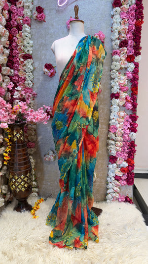 MULTICOLOUR DARBARI SAREE WITH AARI TARI WORK ROYAL CHIFFON FABRIC ##SR482