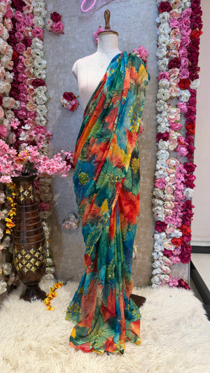 MULTICOLOUR DARBARI SAREE WITH AARI TARI WORK ROYAL CHIFFON FABRIC ##SR482