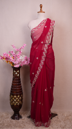 LIGHT-WEIGHT PITA AND CUTWORK WITH BUTTI AND HEAVY MONOTONE WORK BLOUSE ##SR591