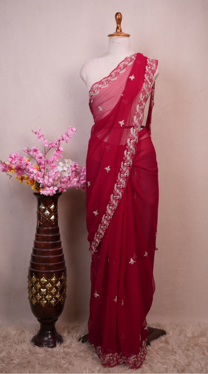 LIGHT-WEIGHT PITA AND CUTWORK WITH BUTTI AND HEAVY MONOTONE WORK BLOUSE ##SR591