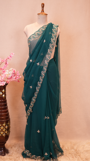 LIGHT-WEIGHT PITA AND CUTWORK WITH BUTTI AND HEAVY MONOTONE WORK BLOUSE ##SR591