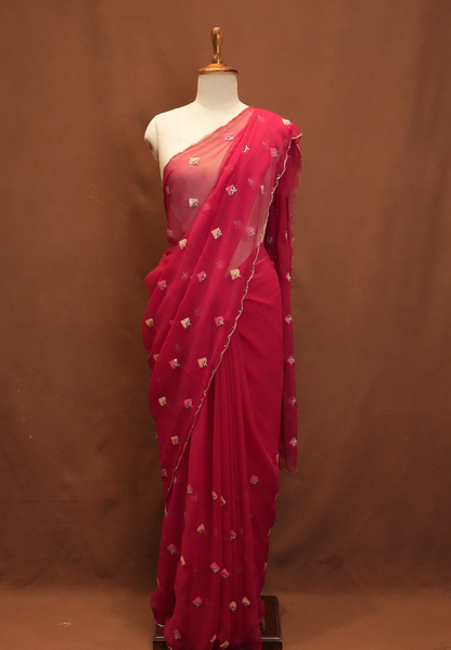 ROYAL GEORGETTE FABRIC SAREE WITH SMALL BUTI DESIGN AND CUT WORK BORDER (WITH RUNNIG BLOUSE) ##SR616