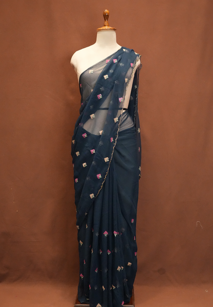 ROYAL GEORGETTE FABRIC SAREE WITH SMALL BUTI DESIGN AND CUT WORK BORDER (WITH RUNNIG BLOUSE) ##SR616