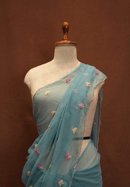 ROYAL GEORGETTE FABRIC SAREE WITH SMALL BUTI DESIGN AND CUT WORK BORDER (WITH RUNNIG BLOUSE) ##SR616