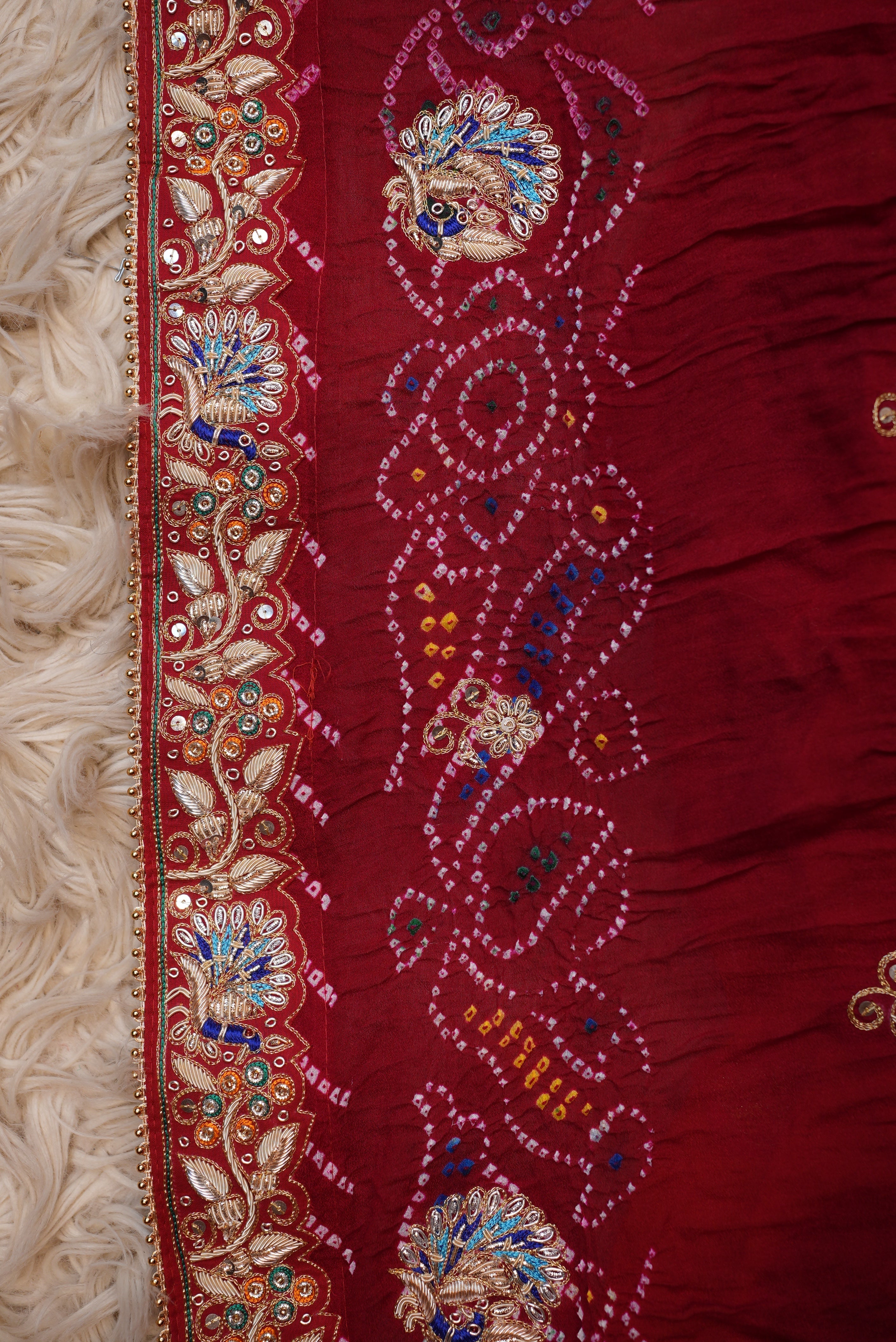 SHEKHAWATI RAI BANDHEJ OJARIYA PILA WITH ZARDOZI HANDWORK ALONG WITH RADHA KRISHAN AND PEACOCK MOTIFS ##HP01