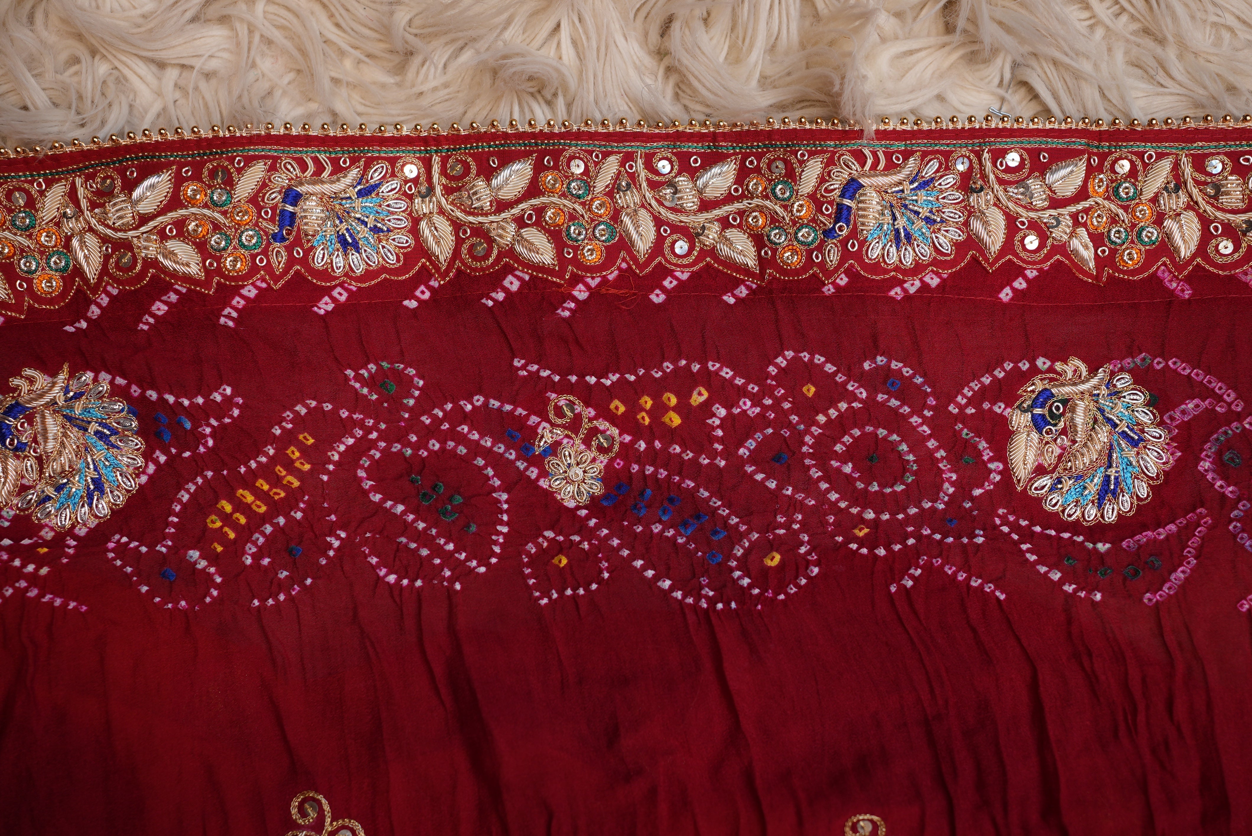 SHEKHAWATI RAI BANDHEJ OJARIYA PILA WITH ZARDOZI HANDWORK ALONG WITH RADHA KRISHAN AND PEACOCK MOTIFS ##HP01