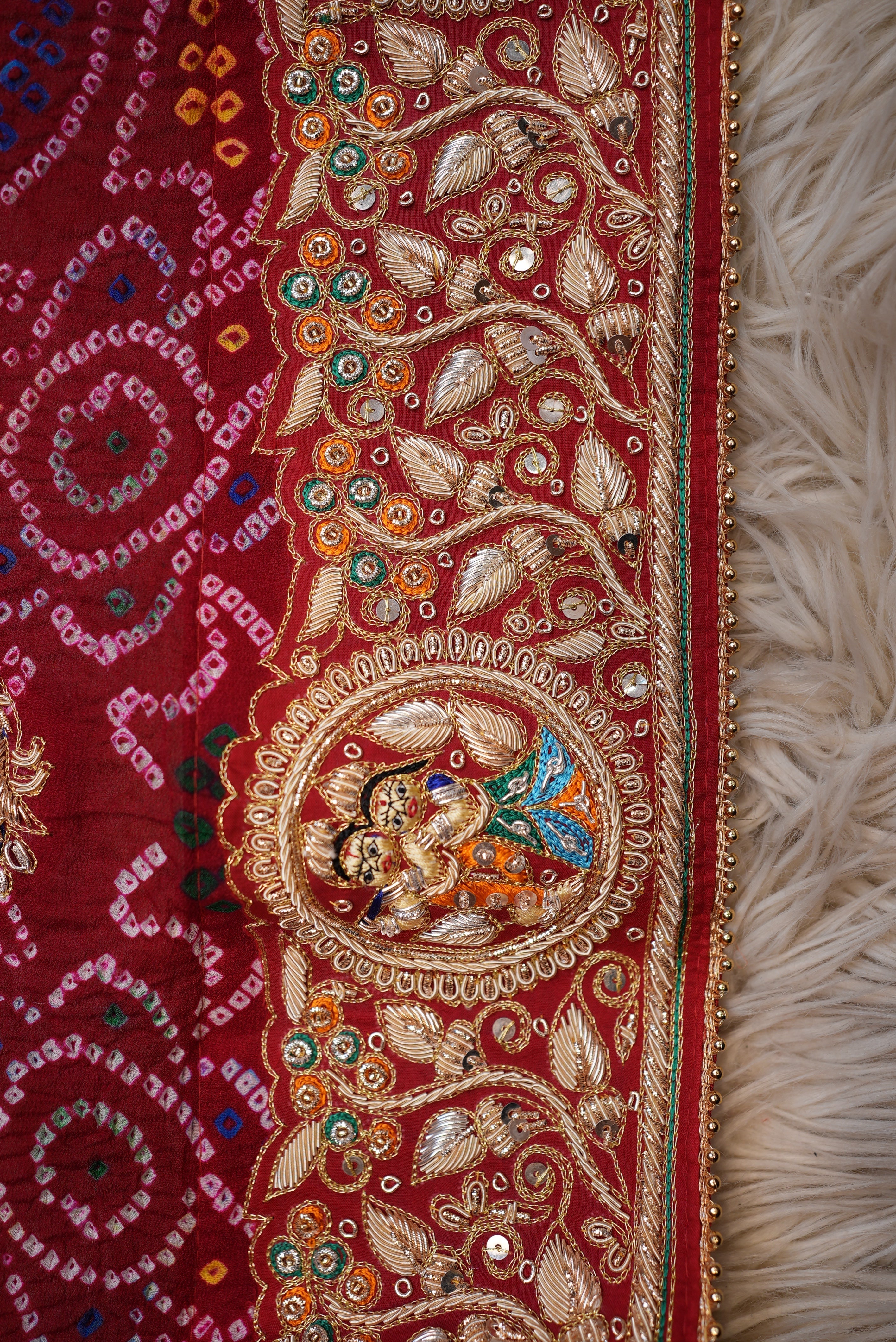 SHEKHAWATI RAI BANDHEJ OJARIYA PILA WITH ZARDOZI HANDWORK ALONG WITH RADHA KRISHAN AND PEACOCK MOTIFS ##HP01