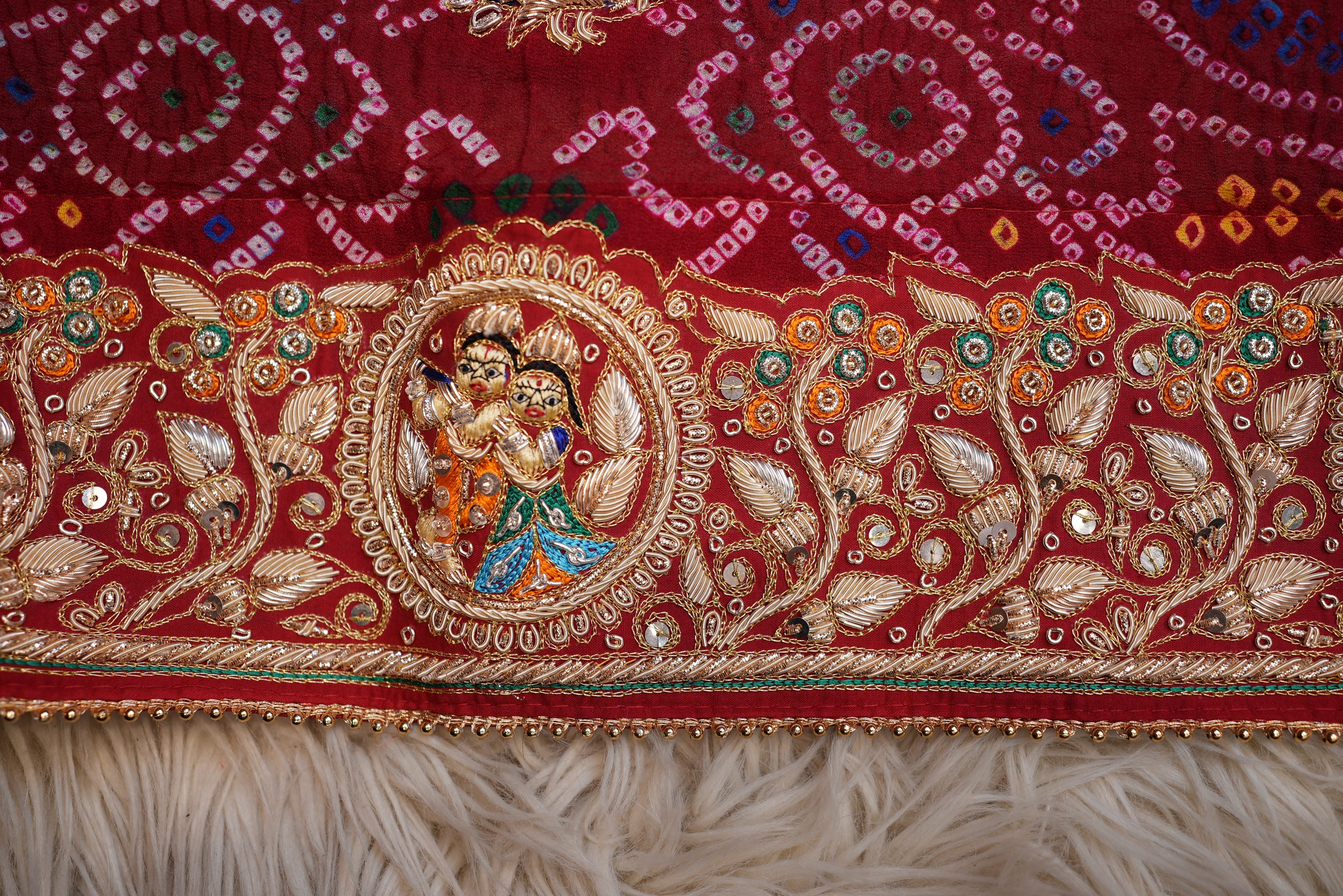 SHEKHAWATI RAI BANDHEJ OJARIYA PILA WITH ZARDOZI HANDWORK ALONG WITH RADHA KRISHAN AND PEACOCK MOTIFS ##HP01