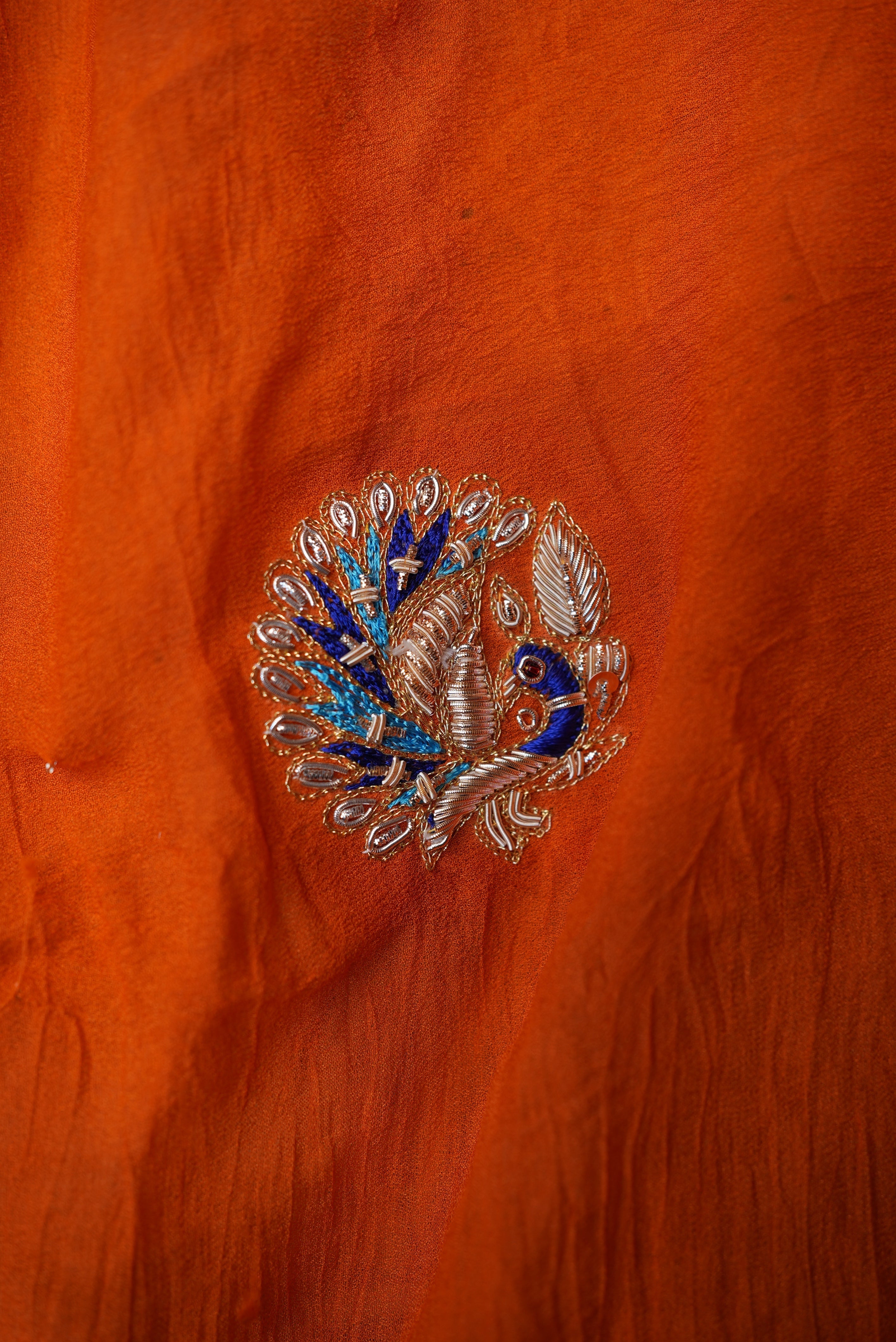 SHEKHAWATI RAI BANDHEJ OJARIYA PILA WITH ZARDOZI HANDWORK ALONG WITH RADHA KRISHAN AND PEACOCK MOTIFS ##HP01