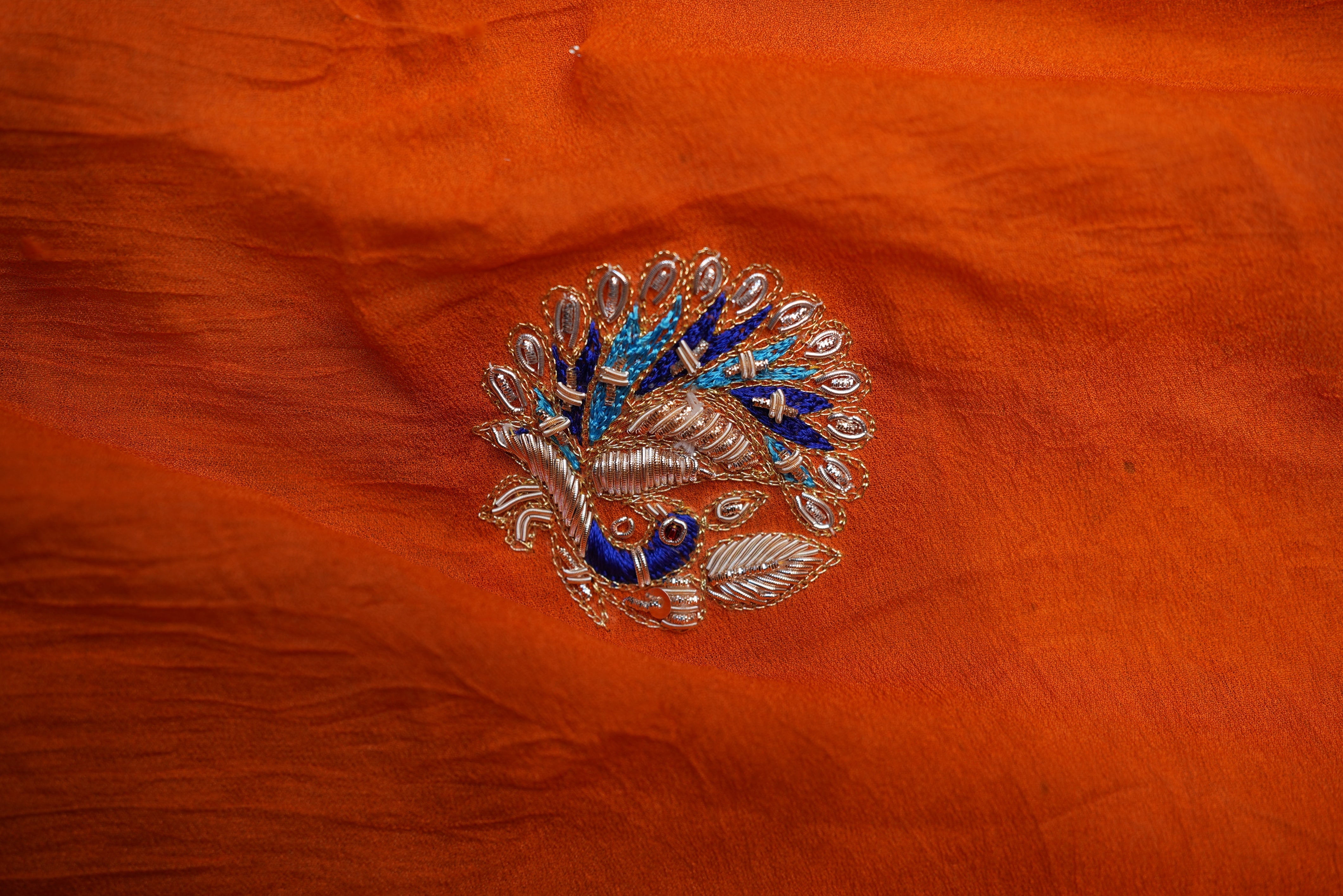 SHEKHAWATI RAI BANDHEJ OJARIYA PILA WITH ZARDOZI HANDWORK ALONG WITH RADHA KRISHAN AND PEACOCK MOTIFS ##HP01