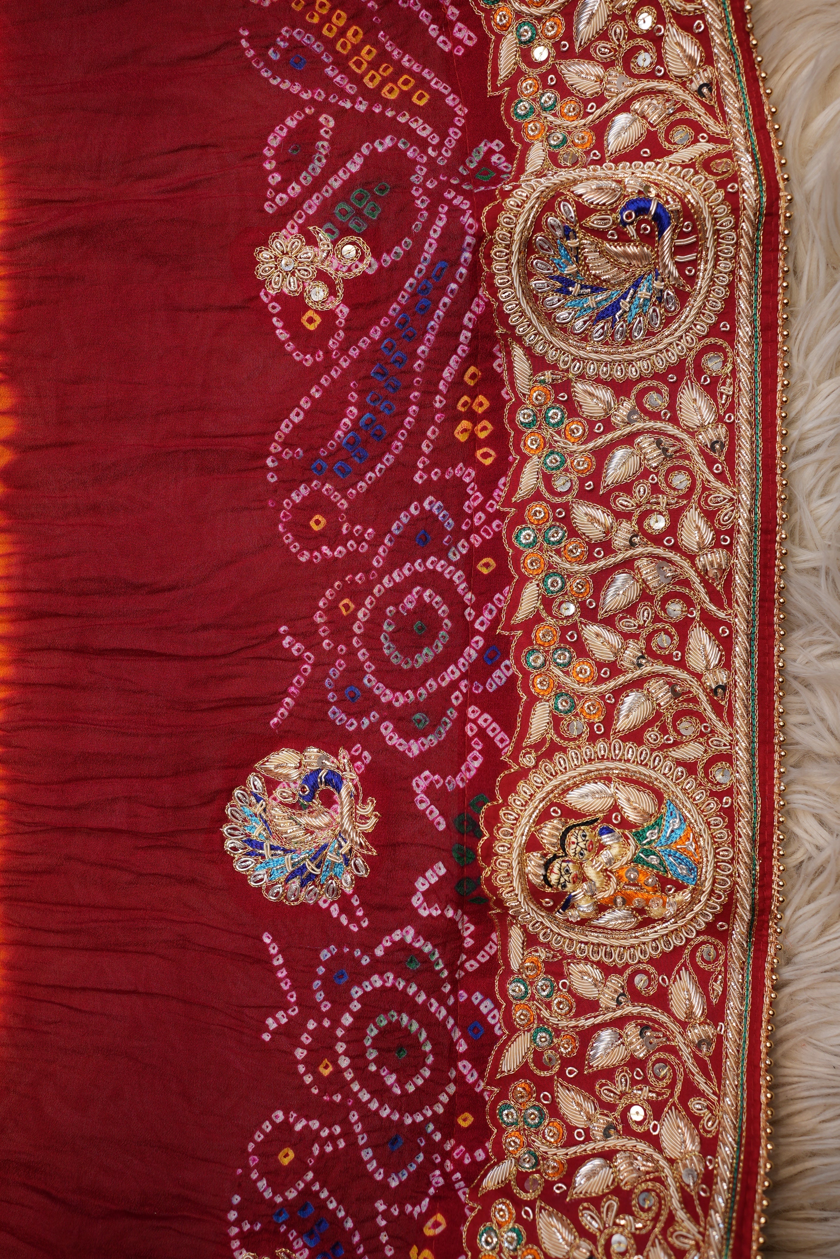 SHEKHAWATI RAI BANDHEJ OJARIYA PILA WITH ZARDOZI HANDWORK ALONG WITH RADHA KRISHAN AND PEACOCK MOTIFS ##HP01